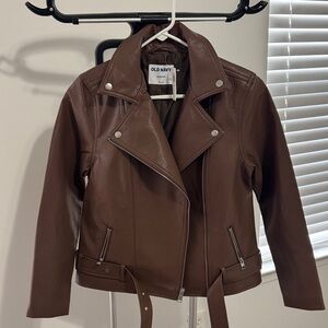 Old Navy Brown Faux Leather Moto Jacket with Belt